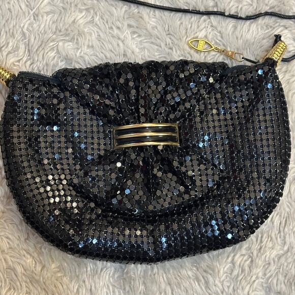 Vintage 80s Glam Black Metal Mesh Bow Purse Shoulder Handbag Chainmaille Gold - Picture 2 of 9